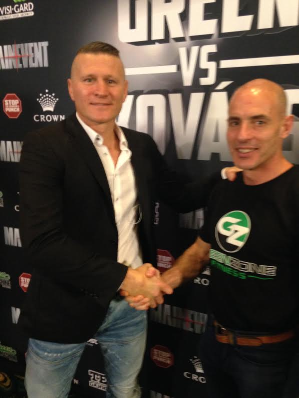 Rod Cedaro (right) from the Ultra Group of Companies catches up with former world boxing champion Danny Green at the announcement of his comeback bout, after a 33 month hiatus against Slovakian, Tamas Kovacs at Melbourne's Hi-Sense Arena on August 19th, 2015.
